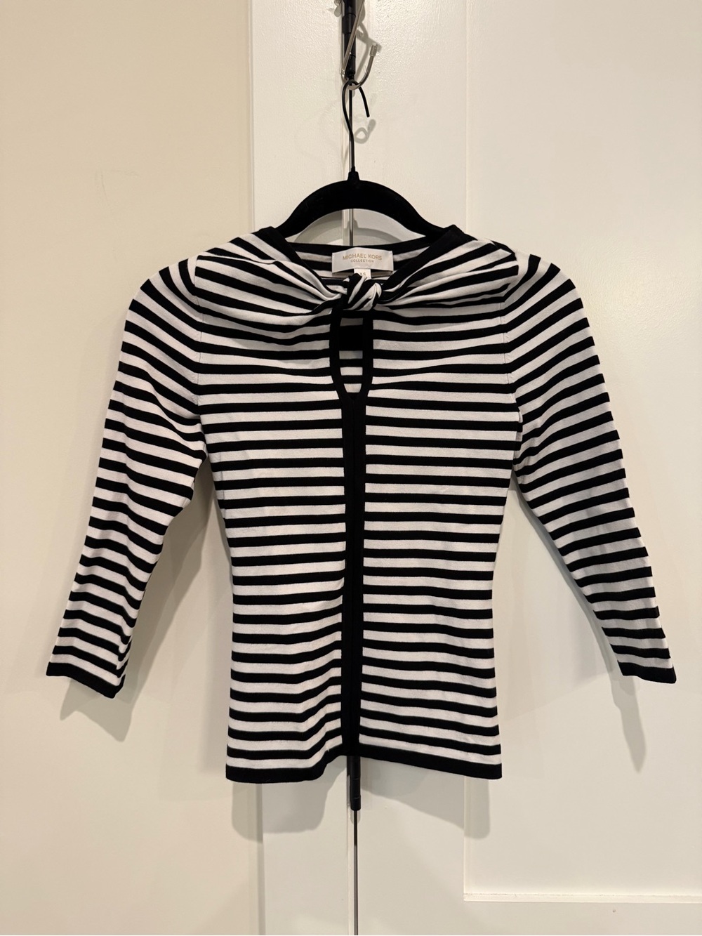 Michael Kors Collection Black White Stripe Tie-Neck Keyhole Top XS Nautical Luxe